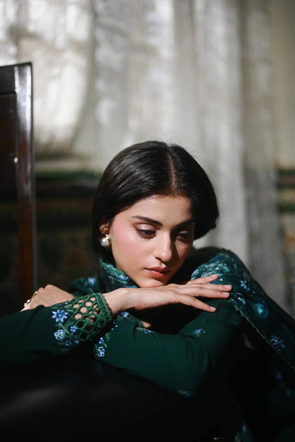 ZAIB-3PC DHANAK EMBROIDERED SHIRT WITH CORTRAI WOOL PRINT SHAWL AND TROUSER-UR-4297