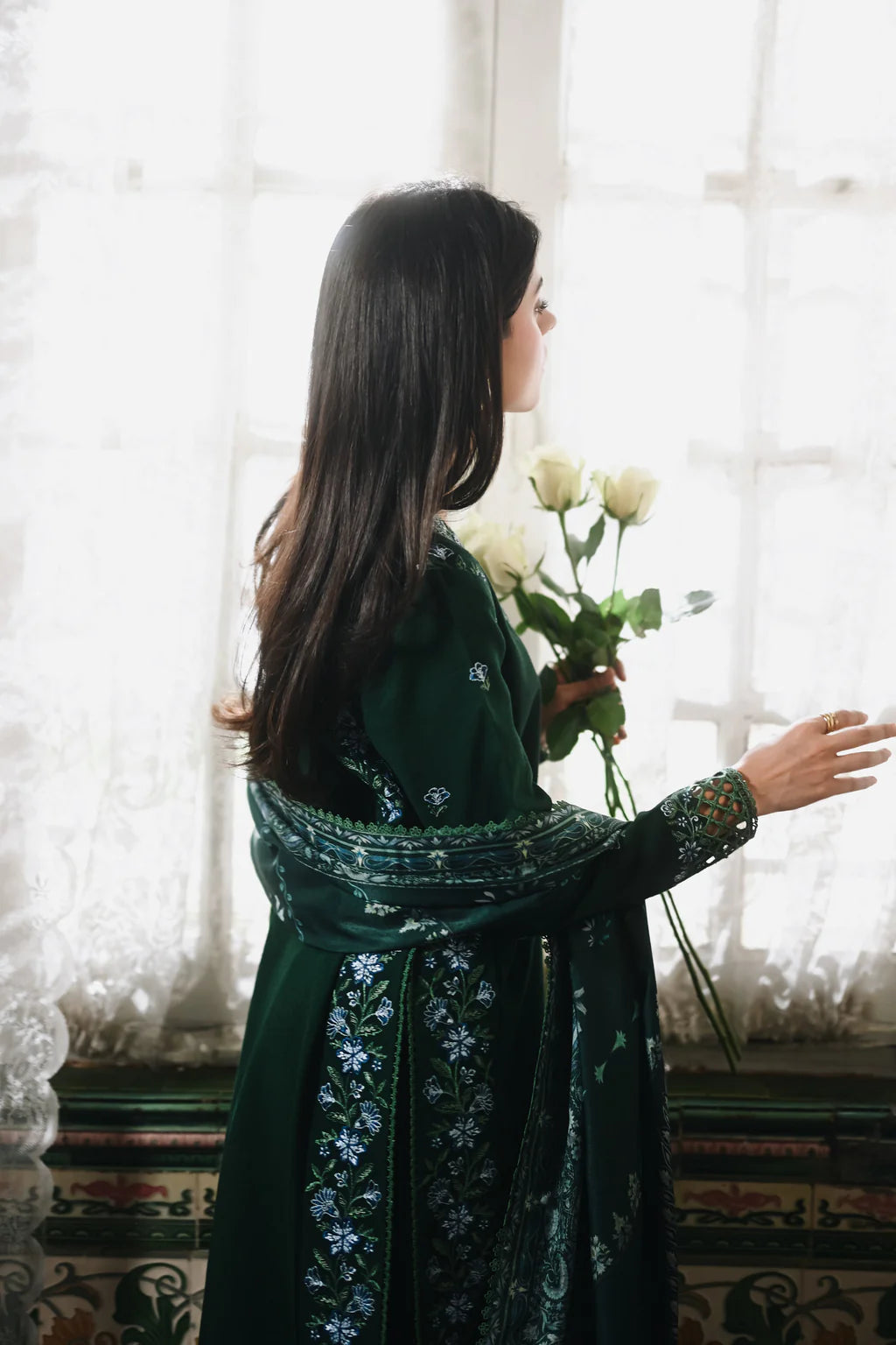 ZAIB-3PC DHANAK EMBROIDERED SHIRT WITH CORTRAI WOOL PRINT SHAWL AND TROUSER-UR-4297