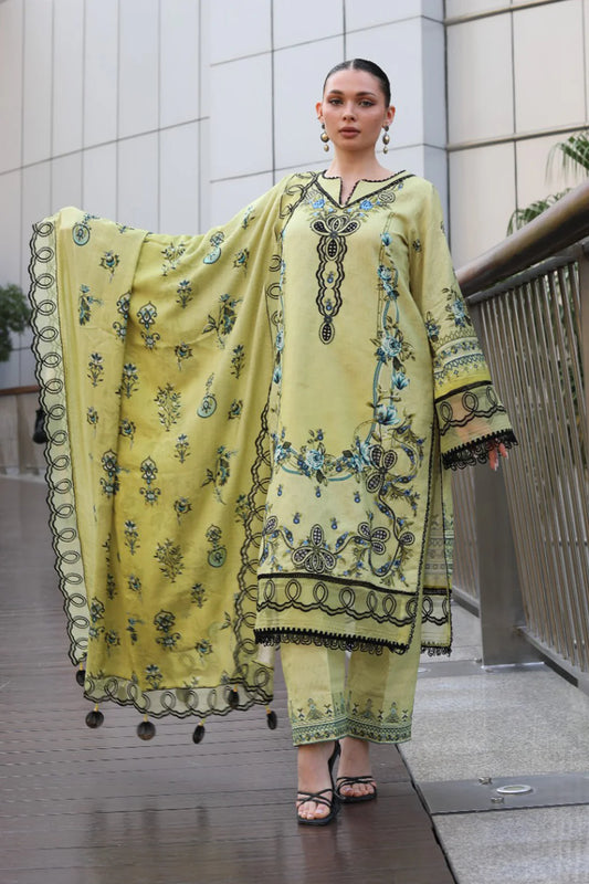 URAN-3PC KARANDI PRINTED EMBROIDERED SHIRT WITH KARANDI PRINTED EMB SHAWL & PRINTED TROUSER-UR-3407