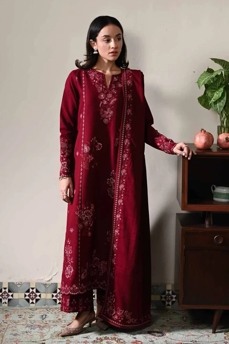 ZAIB-3PC DHANAK EMBROIDERED SHIRT WITH DHANAK EMBROIDERED SHAWL AND TROUSER-UR-4620