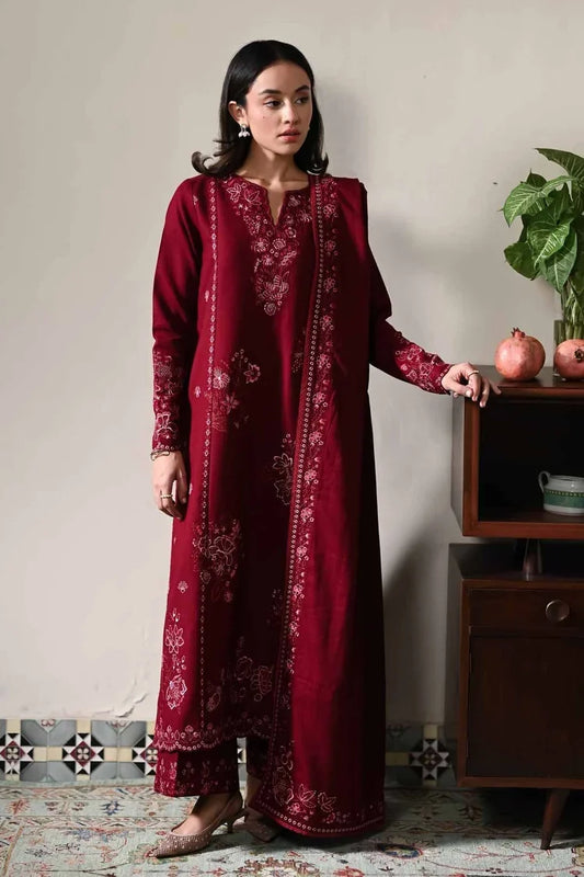 ZAIB-3PC DHANAK EMBROIDERED SHIRT WITH DHANAK EMBROIDERED SHAWL AND TROUSER-UR-4620