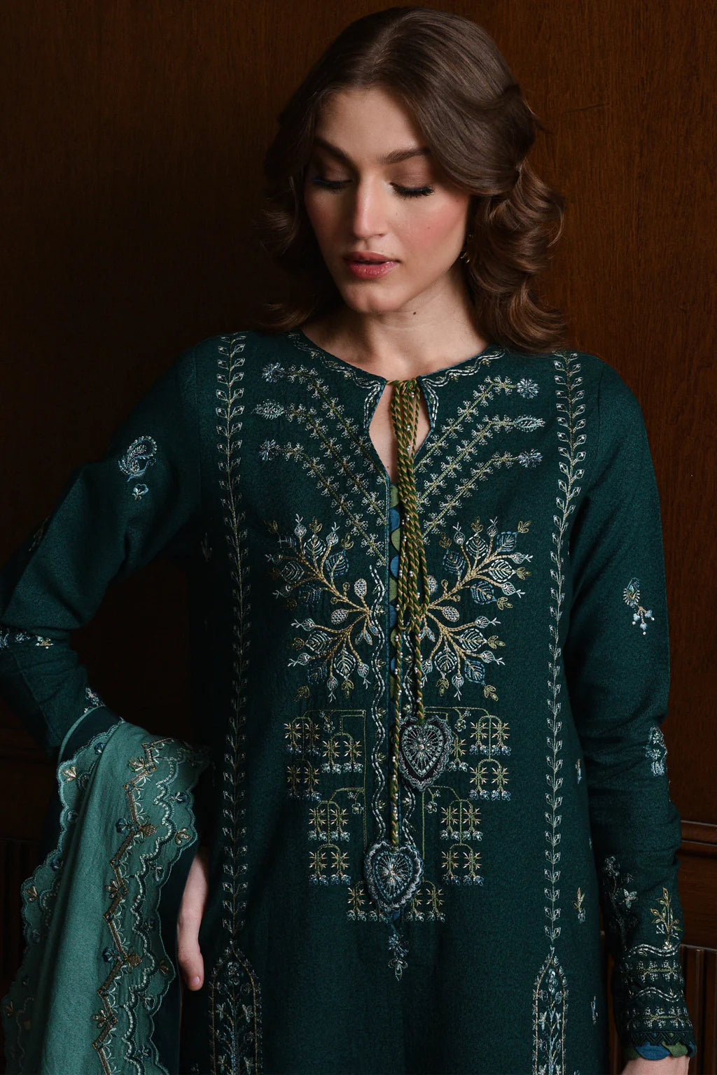 BATIK-3PC KARANDI EMBROIDERED SHIRT WITH DHANAK EMBROIDERED SHAWL AND TROUSER-UR-4086