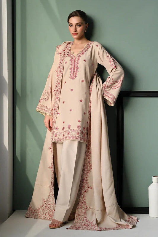 BATIK-3PC DHANAK EMBROIDERED SHIRT WITH DHANAK EMBROIDERED SHAWL AND TROUSER-UR-4077
