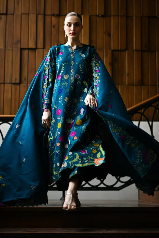 ZAIB-3PC DHANAK EMBROIDERED SHIRT WITH DHANAK EMBROIDERED SHAWL AND TROUSER-UR-4542