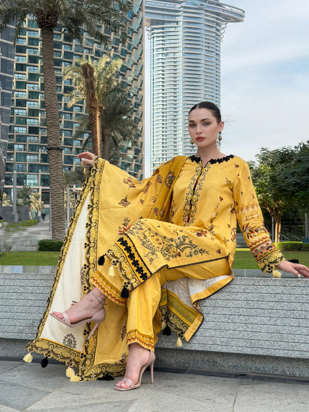 URAN-3PC KARANDI PRINTED EMBROIDERED SHIRT WITH KARANDI PRINTED EMB SHAWL & PRINTED TROUSER-UR-3420