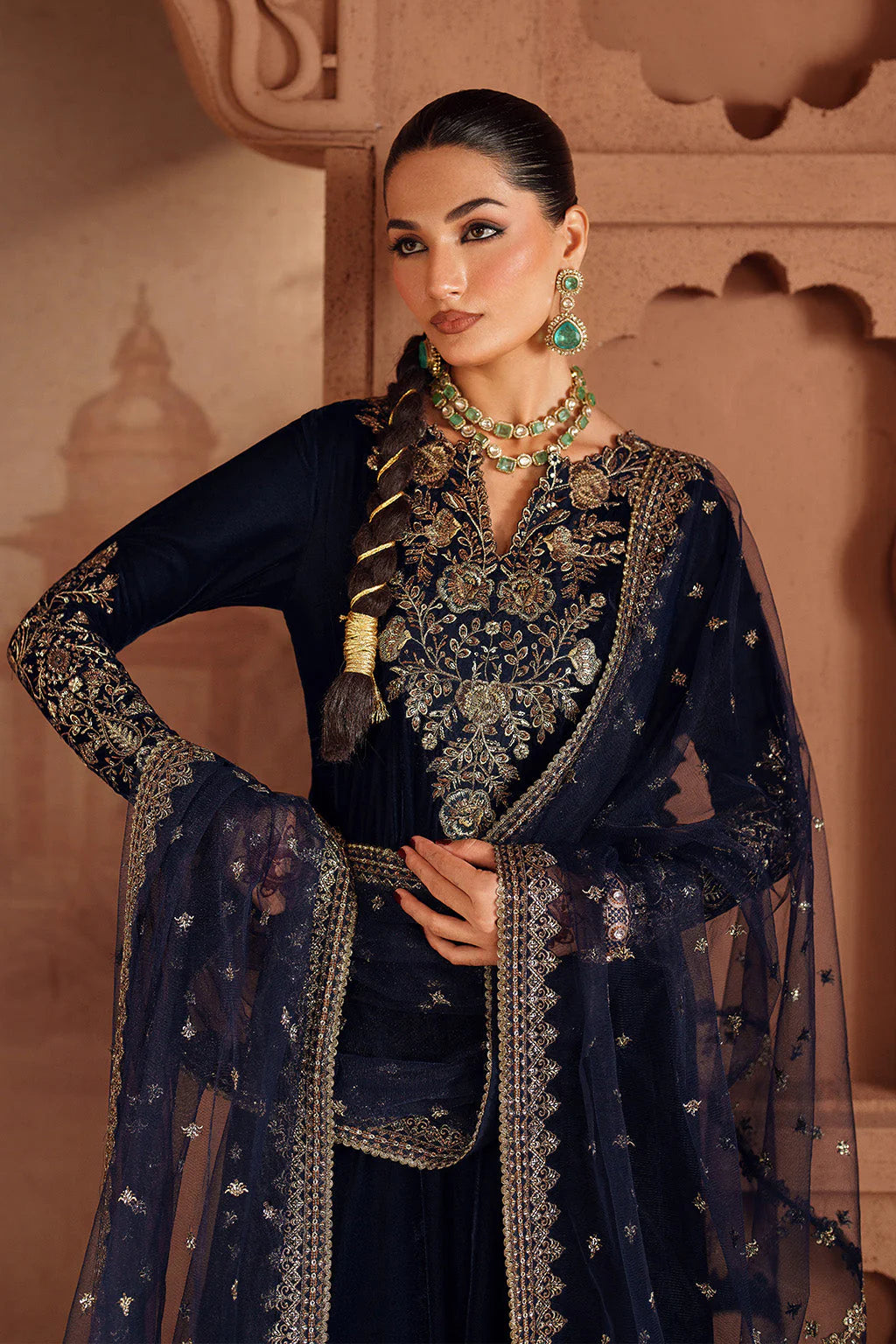 IZNIK-3PC VELVET EMBROIDERED NECKLINE WITH ORGANZA EMBROIDERED DUPATTA & VELVET EMB TROUSER-UR-5087