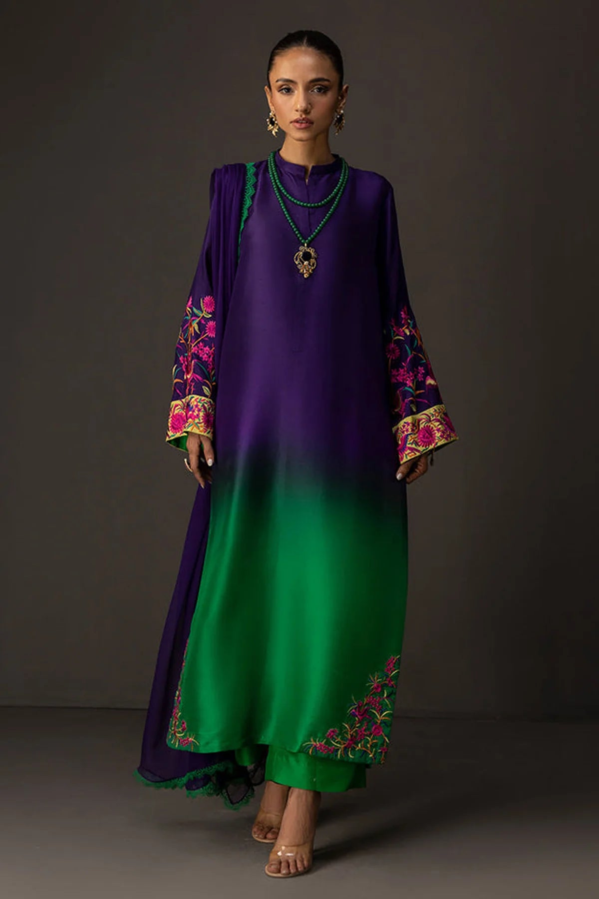 ZAINAB CHOTTANI-3PC SHAMOZE SILK PRINTED EMB SHIRT WITH SOFT SILK PRINTED DUPATTA & TROUSER-UR-129
