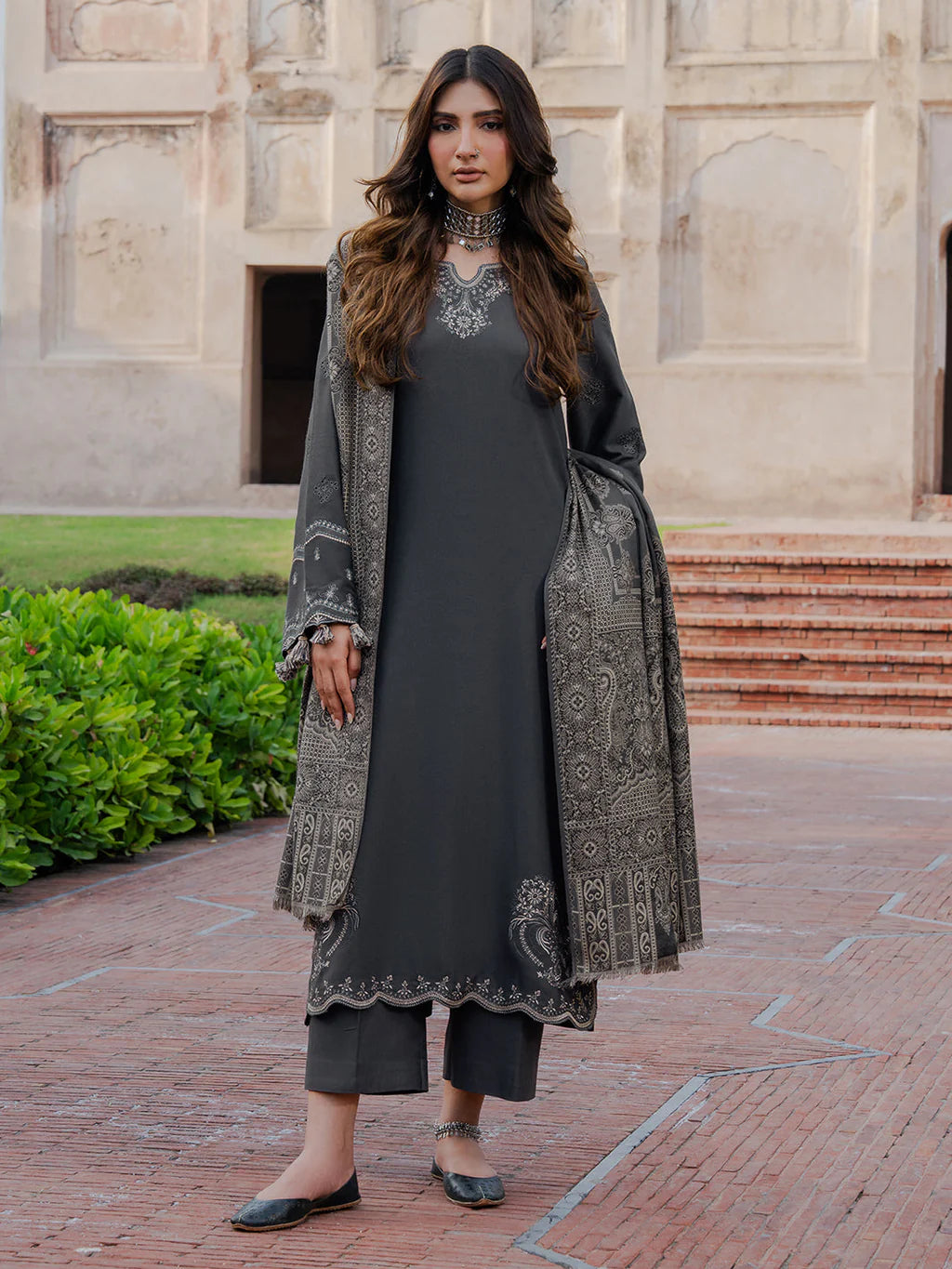 IZEL-3PC DHANAK EMBROIDERED SHIRT WITH COURTRAI PRINTED SHAWL & TROUSER-UR-4367
