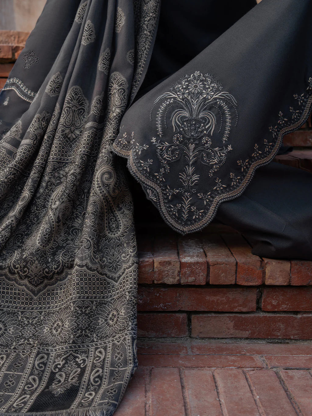 IZEL-3PC DHANAK EMBROIDERED SHIRT WITH COURTRAI PRINTED SHAWL & TROUSER-UR-4367