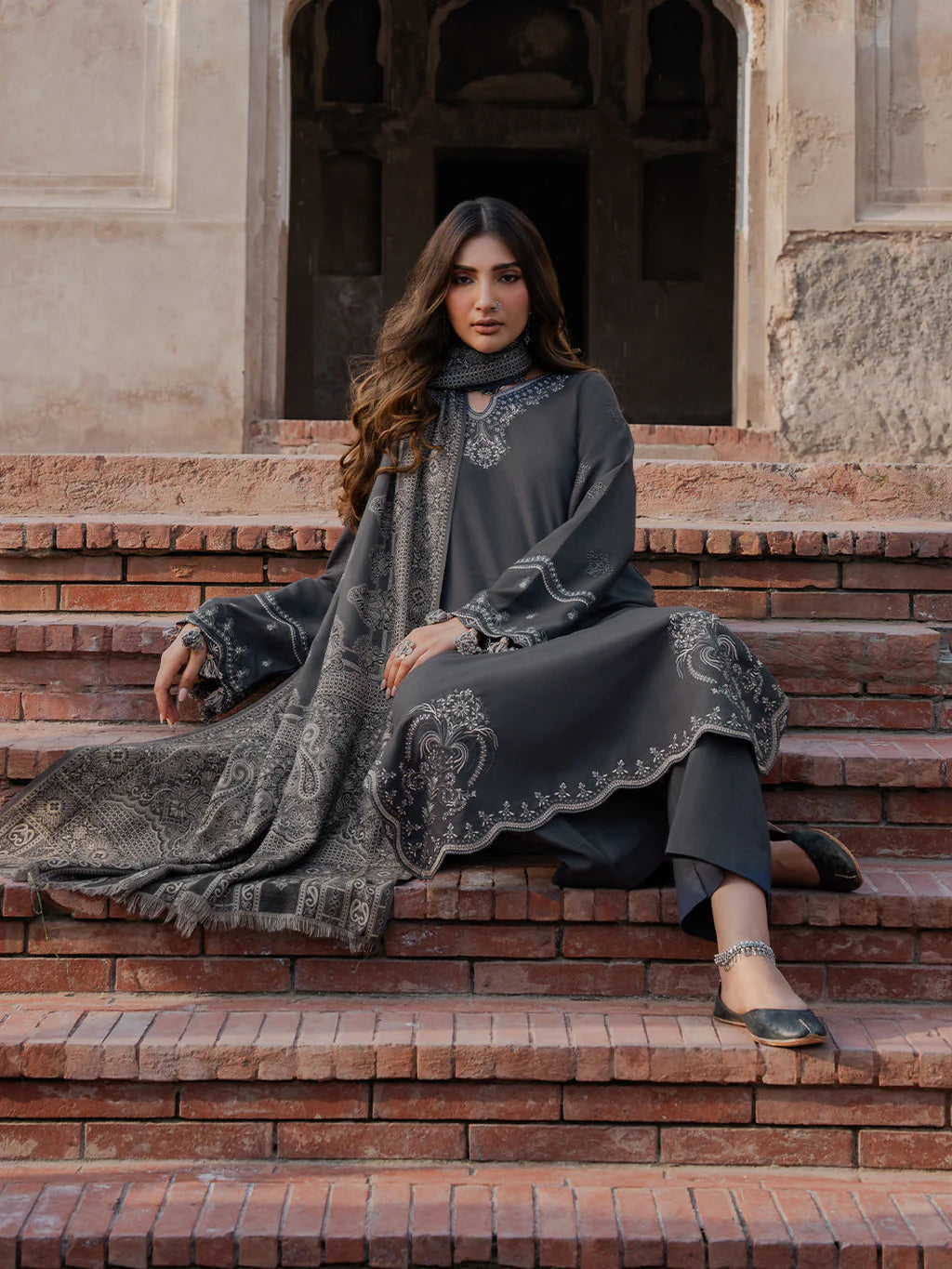 IZEL-3PC DHANAK EMBROIDERED SHIRT WITH COURTRAI PRINTED SHAWL & TROUSER-UR-4367