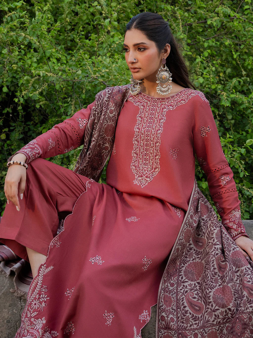 IZEL-3PC DHANAK EMBROIDERED SHIRT WITH COURTRAI PRINTED SHAWL & TROUSER-UR-4512