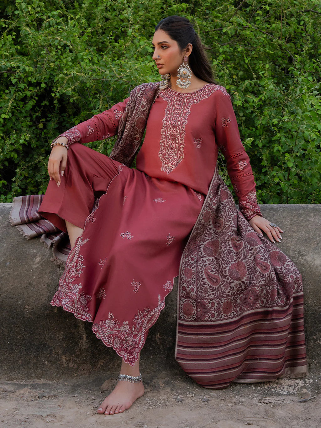 IZEL-3PC DHANAK EMBROIDERED SHIRT WITH COURTRAI PRINTED SHAWL & TROUSER-UR-4512