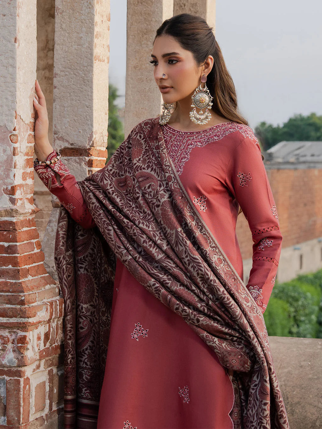 IZEL-3PC DHANAK EMBROIDERED SHIRT WITH COURTRAI PRINTED SHAWL & TROUSER-UR-4512