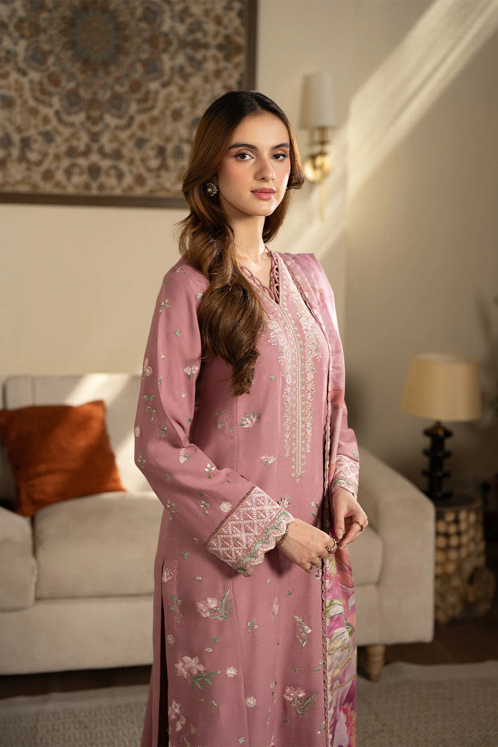 BATIK-3PC DHANAK EMBROIDERED SHIRT WITH COURTRAI PRINTED SHAWL AND TROUSER-UR-4290