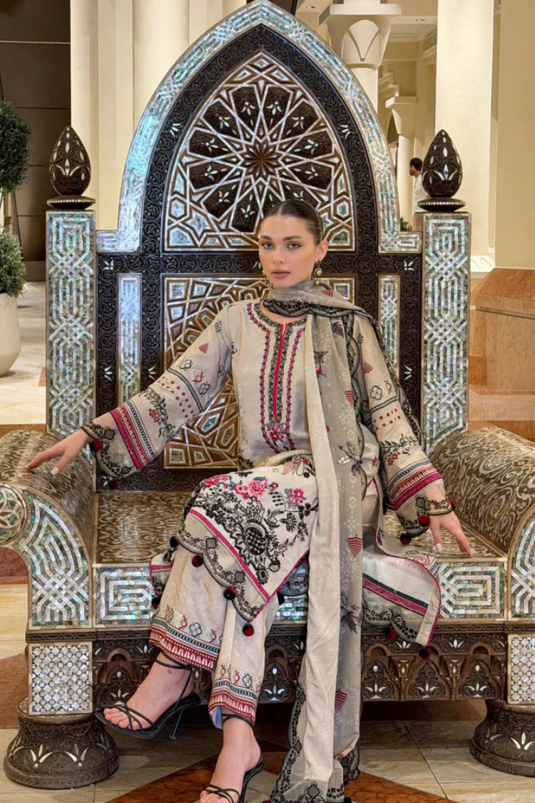URAN-3PC KARANDI PRINTED EMBROIDERED SHIRT WITH KARANDI PRINTED EMB SHAWL & PRINTED TROUSER-UR-3410