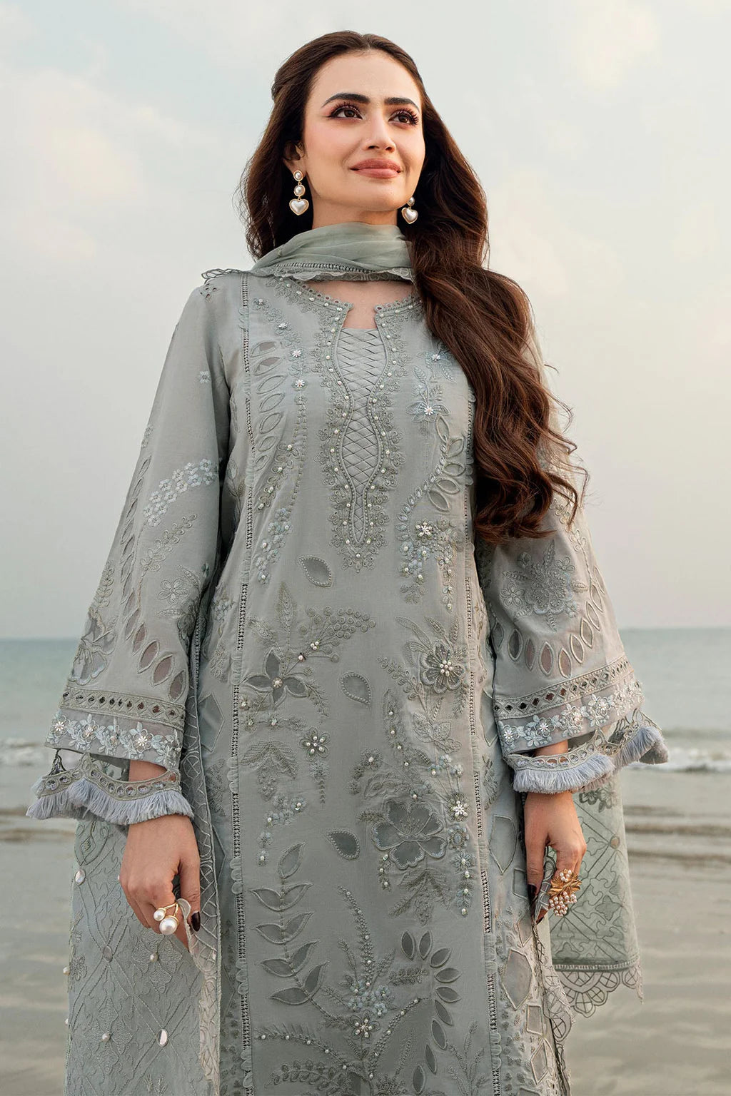 NUREH-3PC DHANAK LASER WORK EMBROIDERED SHIRT WITH CHIFFON EMBROIDERED DUPATTA & TROUSER-UR-3809