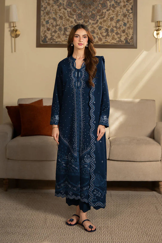 SAPPHIRE-3PC DHANAK EMBROIDERED SHIRT WITH DHANAK EMBROIDERED SHAWL AND TROUSER-UR-4264