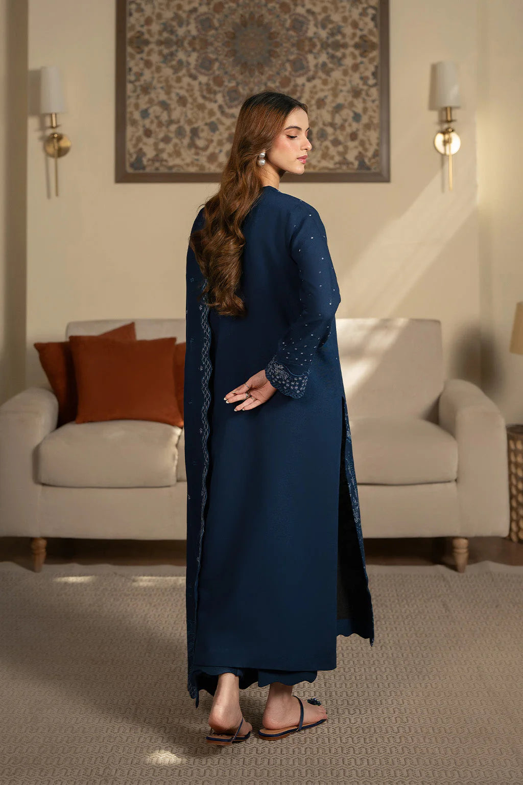 SAPPHIRE-3PC DHANAK EMBROIDERED SHIRT WITH DHANAK EMBROIDERED SHAWL AND TROUSER-UR-4264