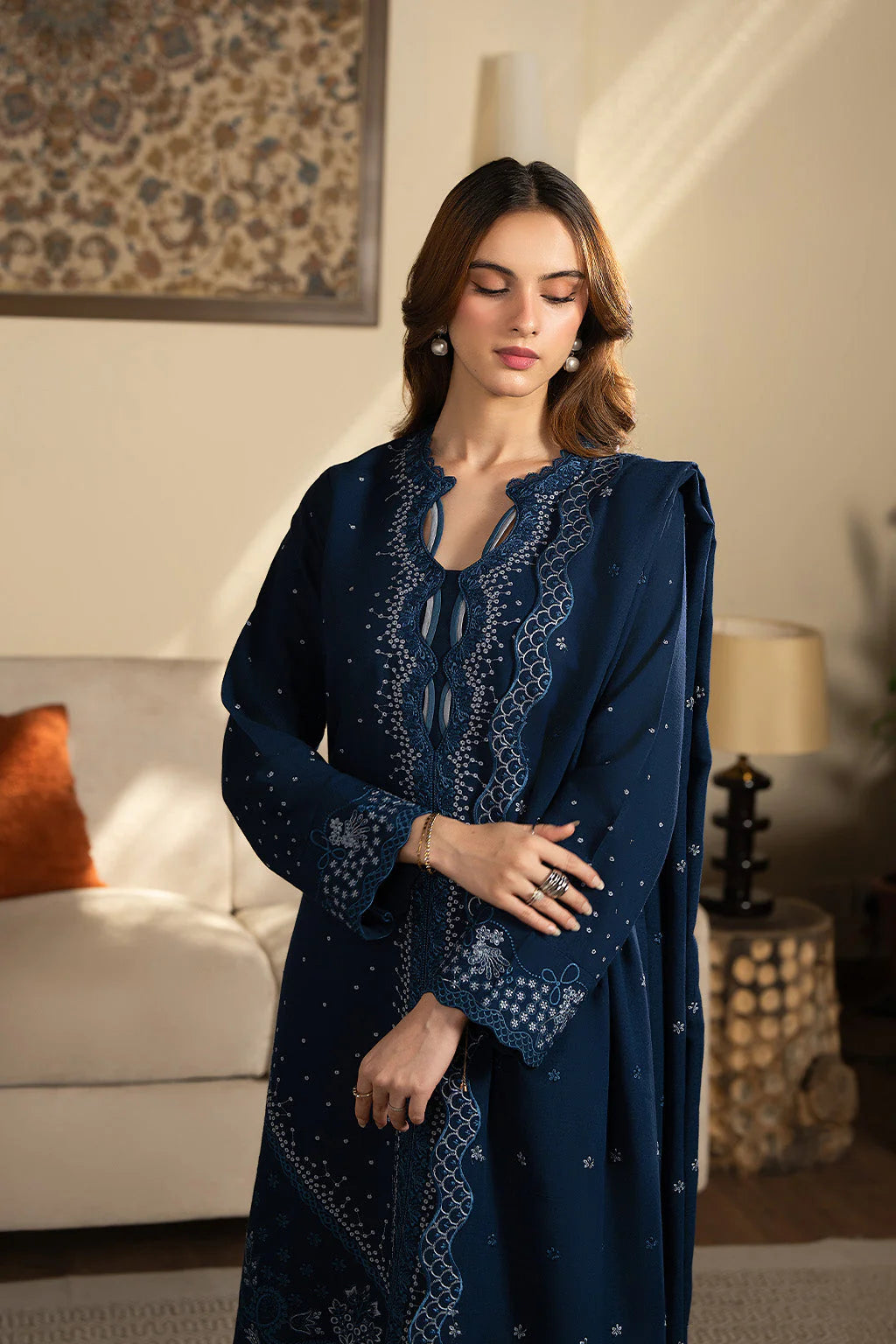 SAPPHIRE-3PC DHANAK EMBROIDERED SHIRT WITH DHANAK EMBROIDERED SHAWL AND TROUSER-UR-4264