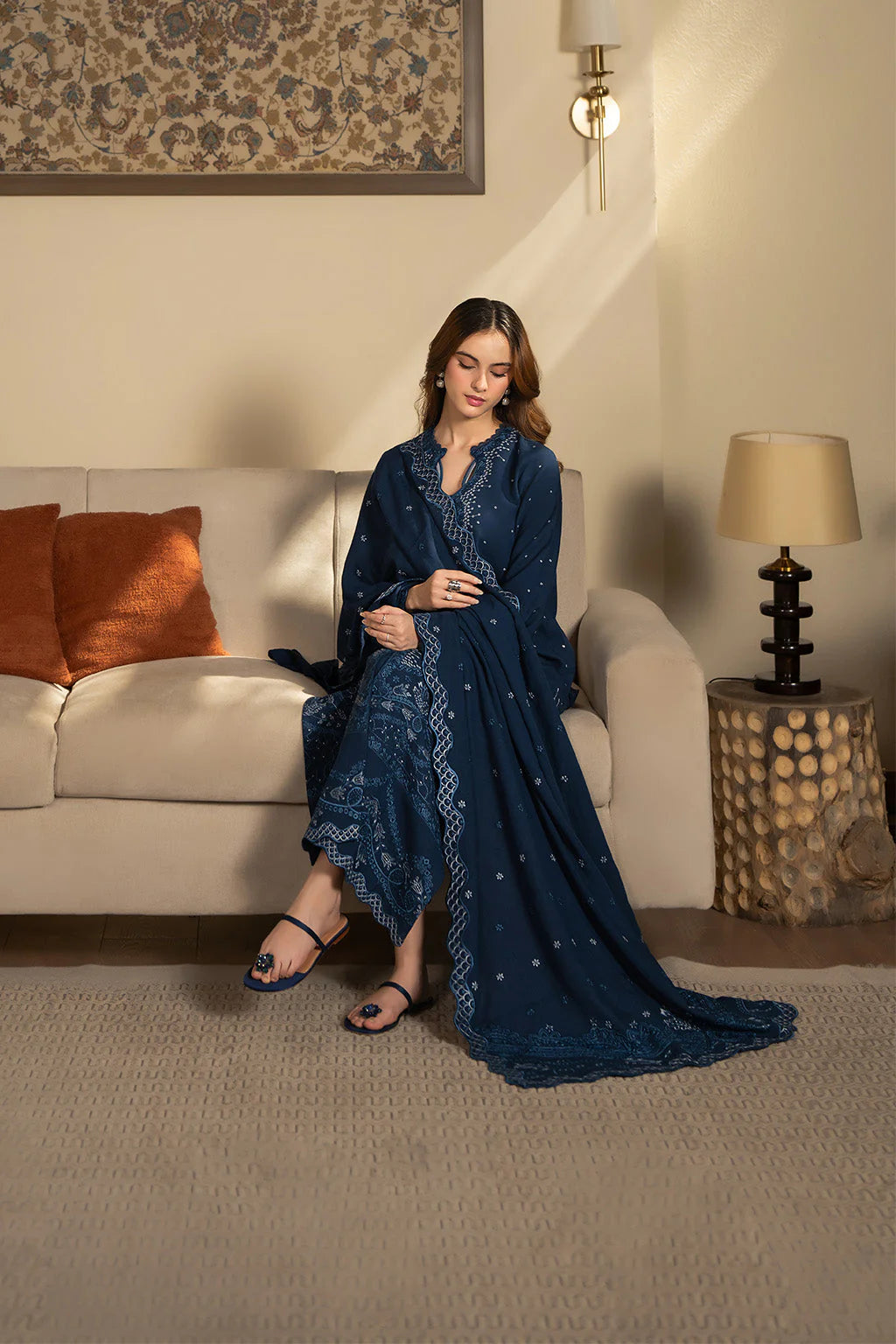 SAPPHIRE-3PC DHANAK EMBROIDERED SHIRT WITH DHANAK EMBROIDERED SHAWL AND TROUSER-UR-4264
