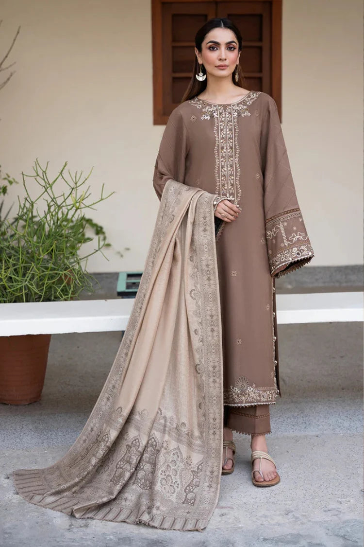 IZEL-3PC DHANAK EMBROIDERED SHIRT WITH COURTRAI PRINTED SHAWL & TROUSER-UR-4562