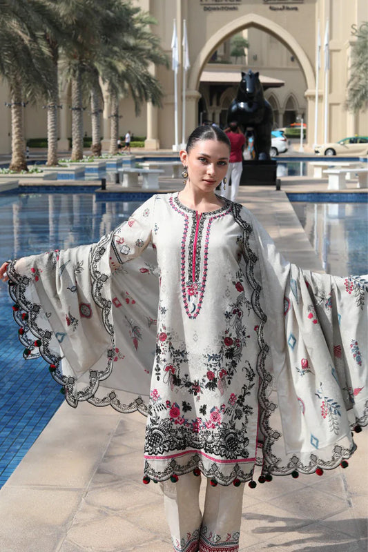 URAN-3PC KARANDI PRINTED EMBROIDERED SHIRT WITH KARANDI PRINTED EMB SHAWL & PRINTED TROUSER-UR-3419