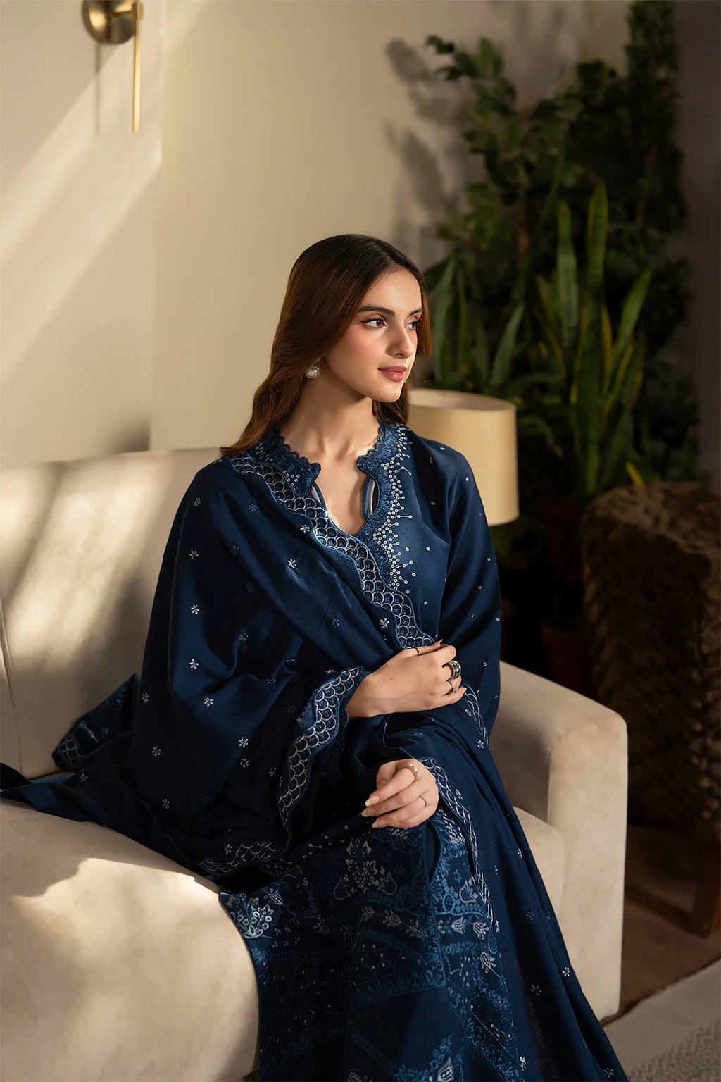 SAPPHIRE-3PC DHANAK EMBROIDERED SHIRT WITH DHANAK EMBROIDERED SHAWL AND TROUSER-UR-4264