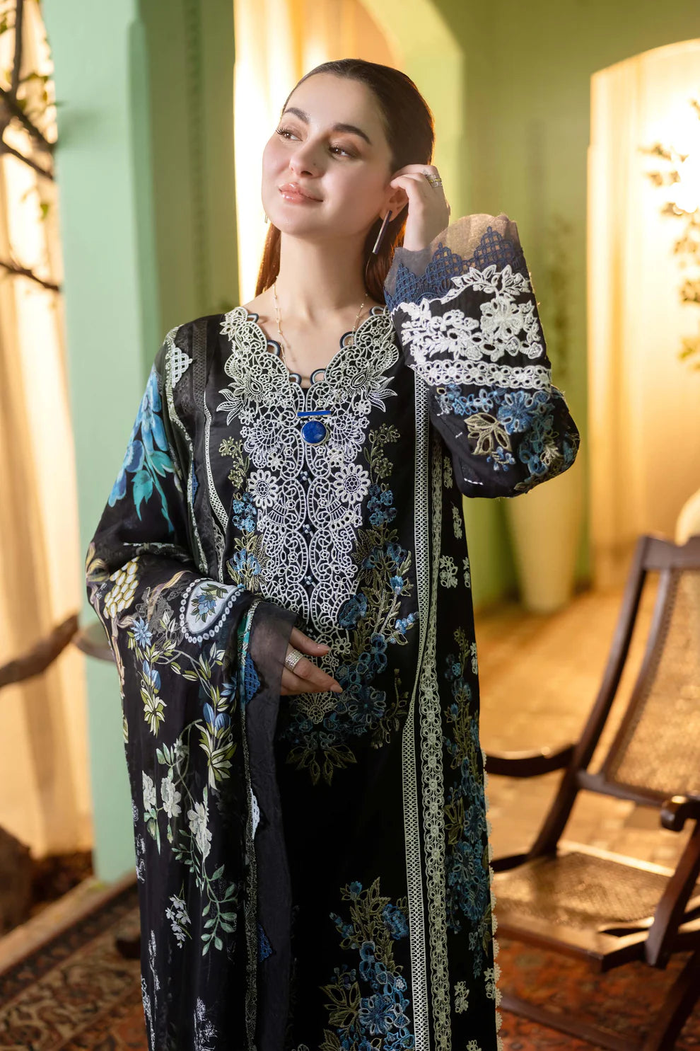 JADE-3PC DHANAK EMBROIDERED SHIRT WITH COUTRAI PRINTED SHAWL & DHANAK TOUSER-UR-3850