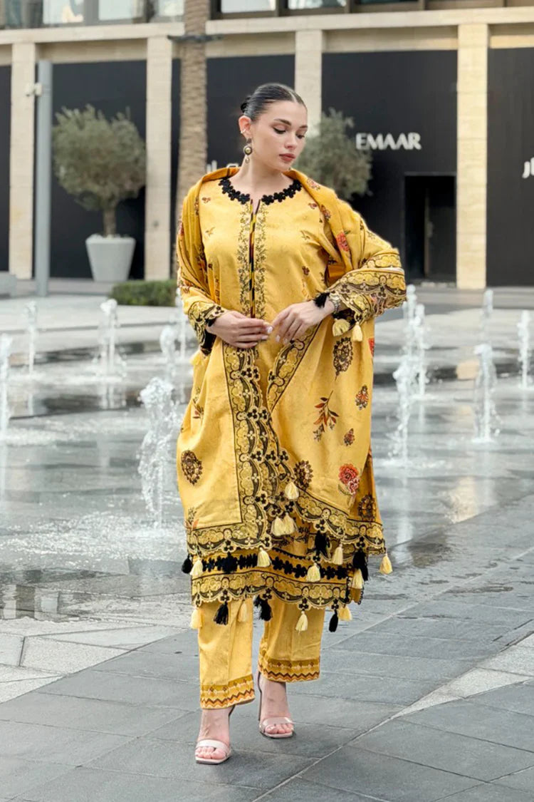 URAN-3PC KARANDI PRINTED EMBROIDERED SHIRT WITH KARANDI PRINTED EMB SHAWL & PRINTED TROUSER-UR-3420