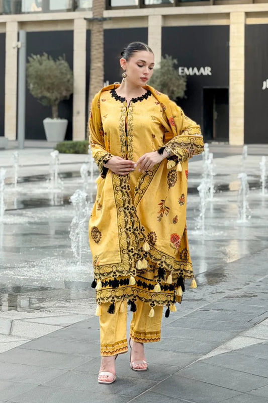 URAN-3PC KARANDI PRINTED EMBROIDERED SHIRT WITH KARANDI PRINTED EMB SHAWL & PRINTED TROUSER-UR-3420