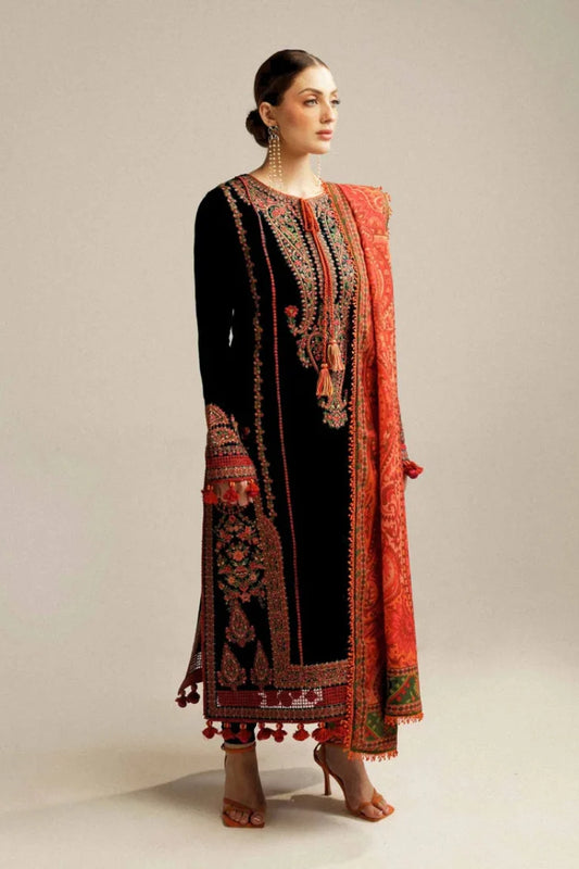 HUSSAIN REHAR-3PC DHANAK EMBROIDERED SHIRT WITH COURTRAI PRINTED SHAWL AND TROUS-UR-4278