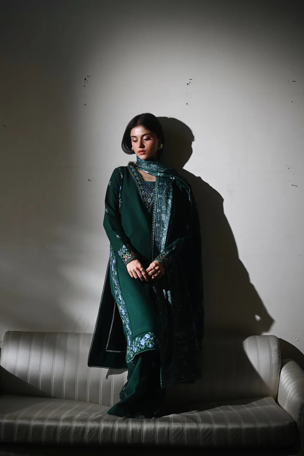 ZAIB-3PC DHANAK EMBROIDERED SHIRT WITH CORTRAI WOOL PRINT SHAWL AND TROUSER-UR-4297