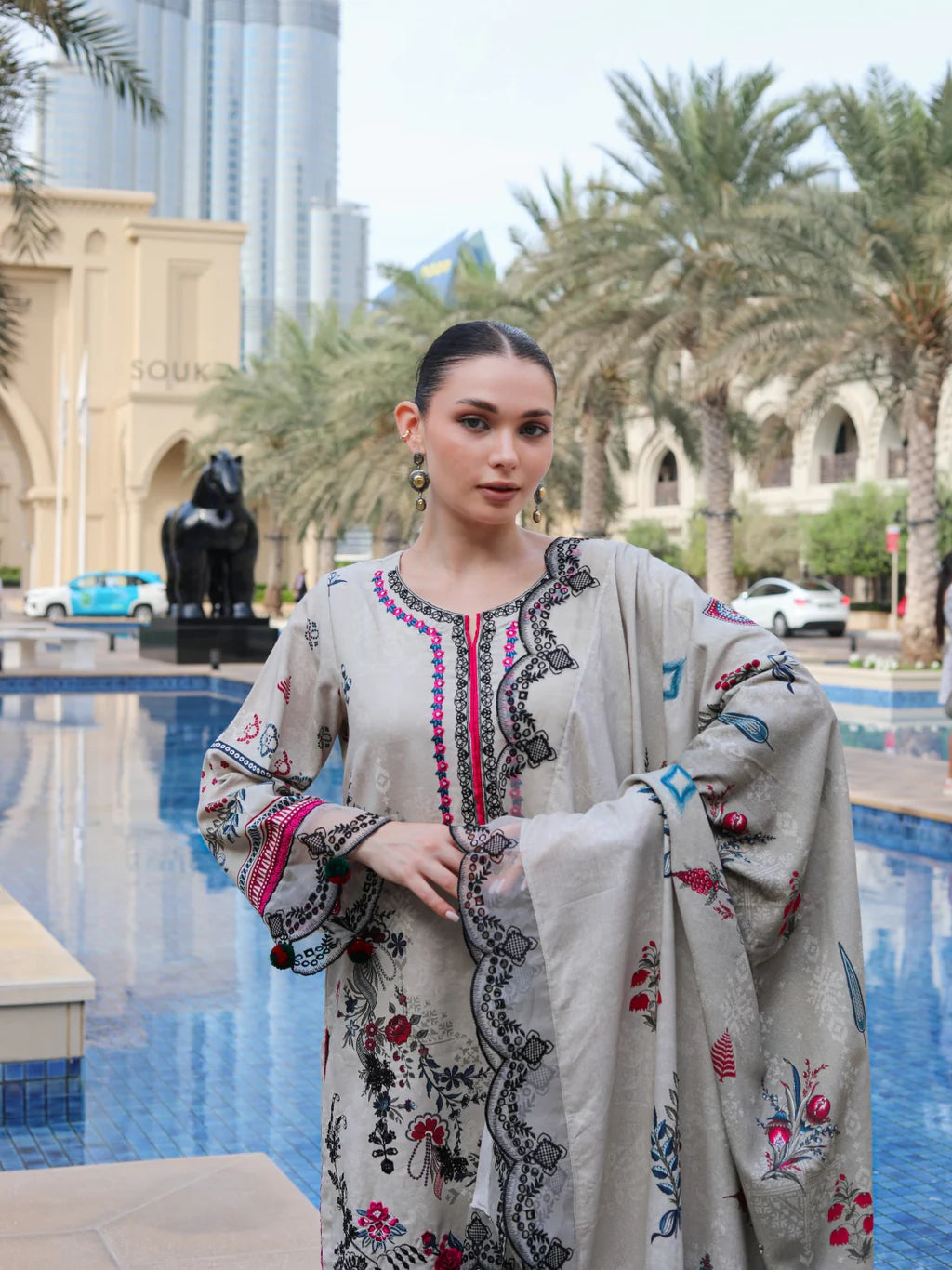 URAN-3PC KARANDI PRINTED EMBROIDERED SHIRT WITH KARANDI PRINTED EMB SHAWL & PRINTED TROUSER-UR-3419