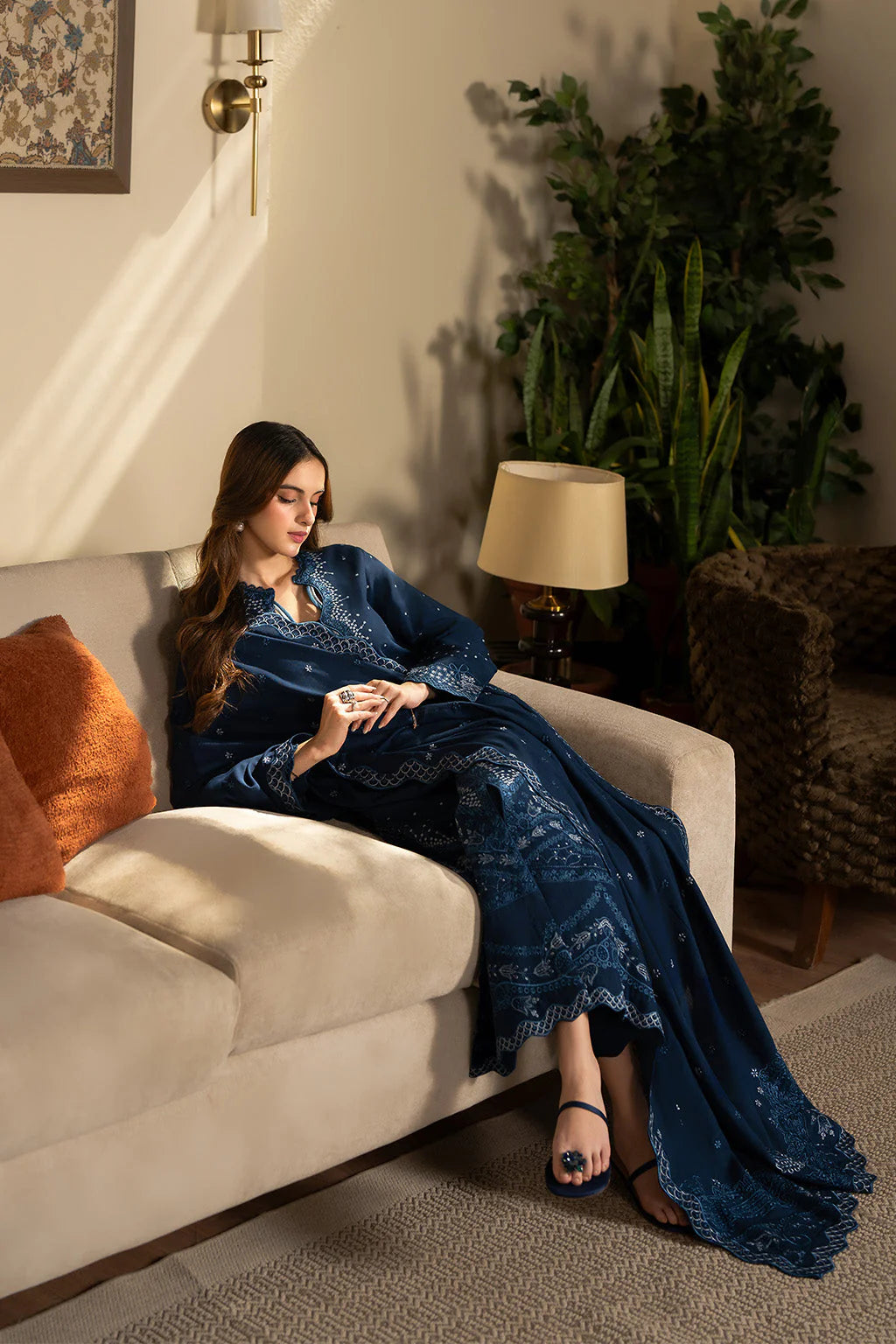 SAPPHIRE-3PC DHANAK EMBROIDERED SHIRT WITH DHANAK EMBROIDERED SHAWL AND TROUSER-UR-4264