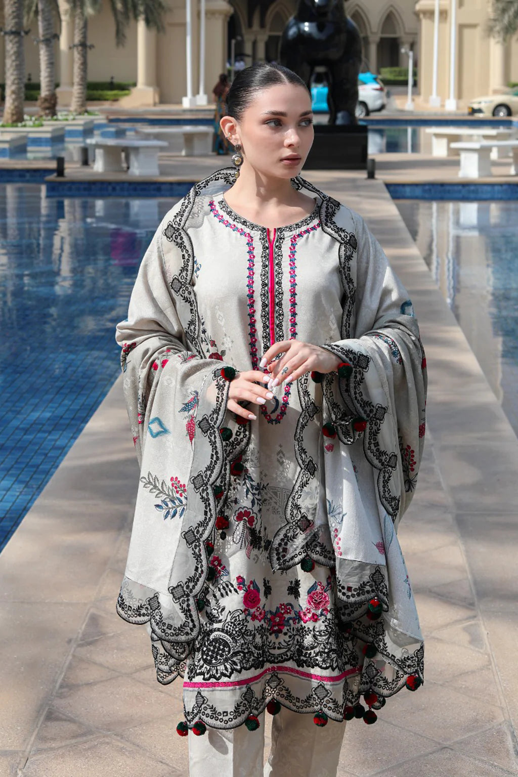 URAN-3PC KARANDI PRINTED EMBROIDERED SHIRT WITH KARANDI PRINTED EMB SHAWL & PRINTED TROUSER-UR-3419