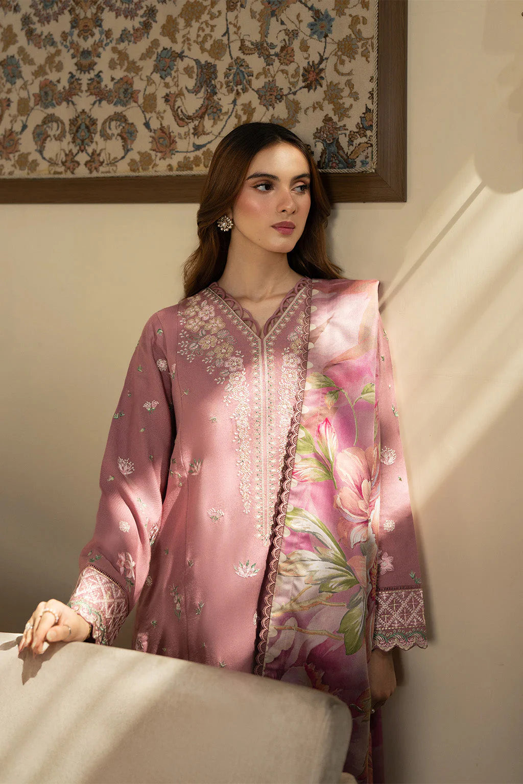 BATIK-3PC DHANAK EMBROIDERED SHIRT WITH COURTRAI PRINTED SHAWL AND TROUSER-UR-4290