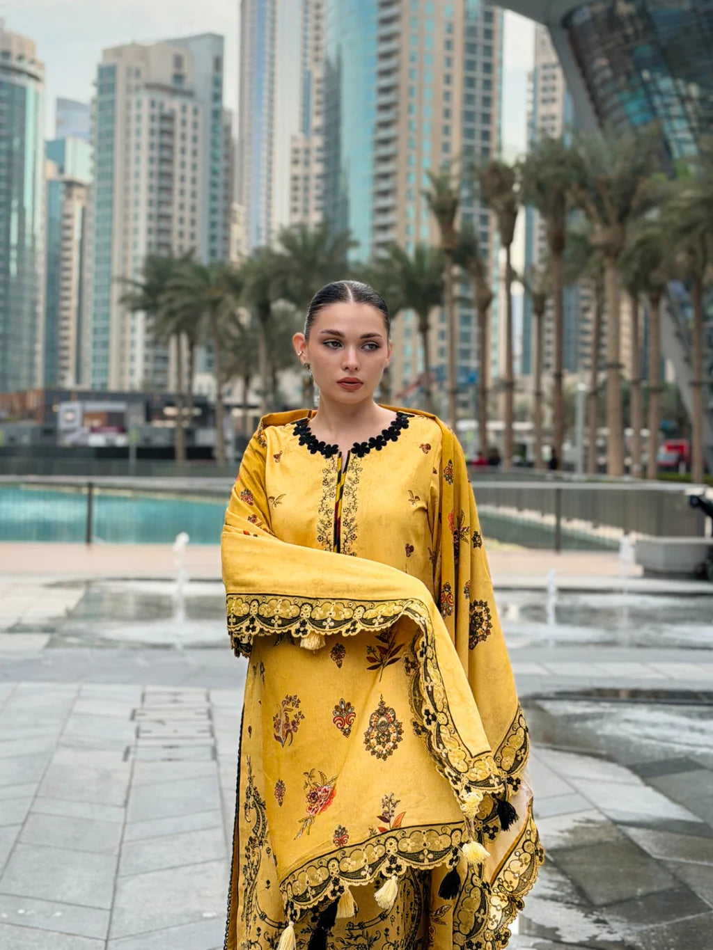 URAN-3PC KARANDI PRINTED EMBROIDERED SHIRT WITH KARANDI PRINTED EMB SHAWL & PRINTED TROUSER-UR-3420