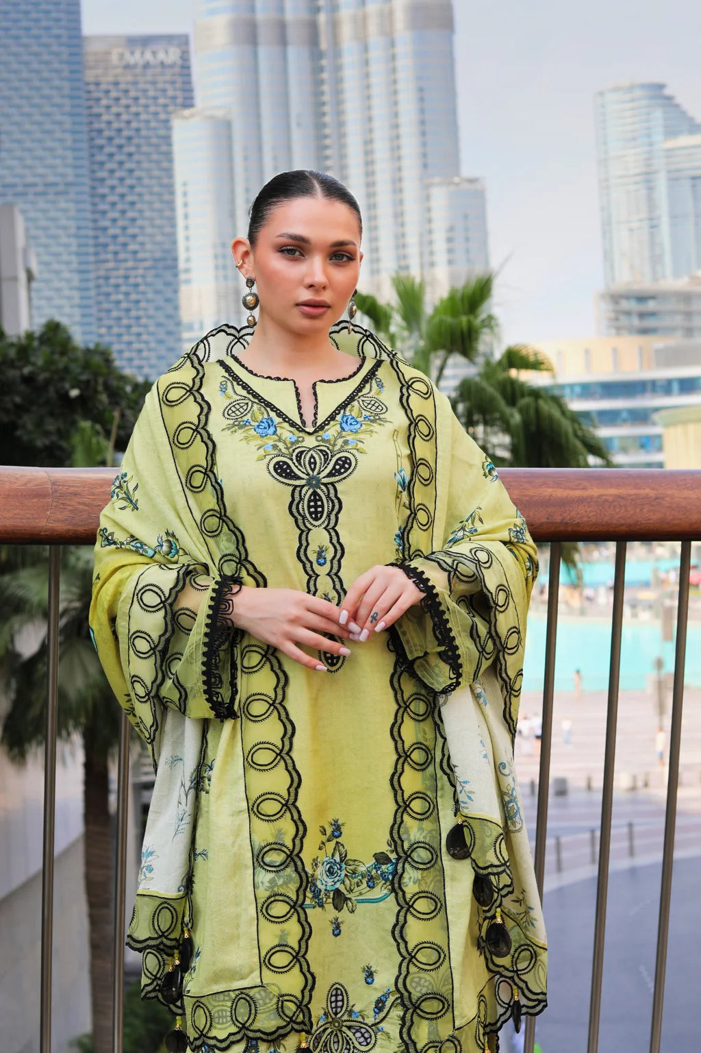 URAN-3PC KARANDI PRINTED EMBROIDERED SHIRT WITH KARANDI PRINTED EMB SHAWL & PRINTED TROUSER-UR-3407