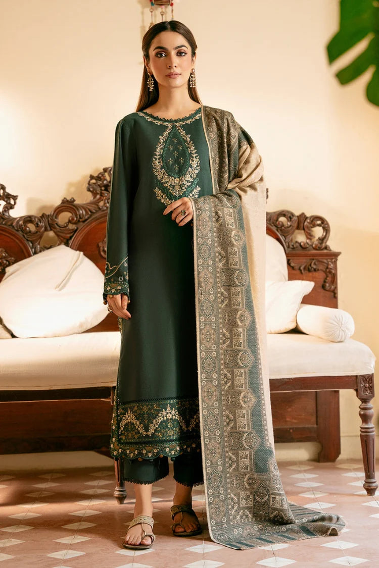IZEL-3PC DHANAK EMBROIDERED SHIRT WITH COURTRAI WOOL PRINT SHAWL AND TROUSER-UR-4390