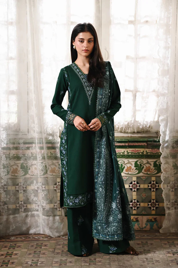 ZAIB-3PC DHANAK EMBROIDERED SHIRT WITH CORTRAI WOOL PRINT SHAWL AND TROUSER-UR-4297