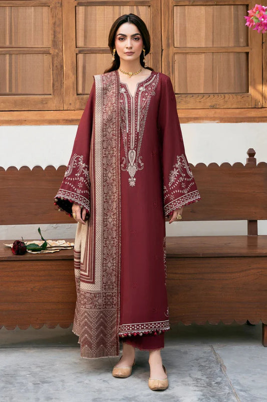 IZEL-3PC DHANAK EMBROIDERED SHIRT WITH COURTRAI PRINTED SHAWL & TROUSER-UR-4542
