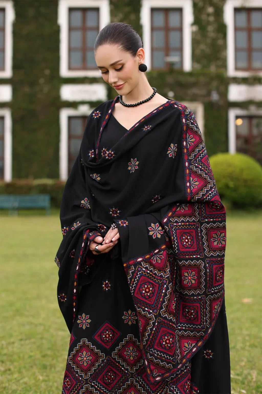 BAREEZE-3PC KARANDI EMBROIDERED SHIRT WITH KARANDI EMBROIDERED SHAWL AND TROUSER-UR-4442
