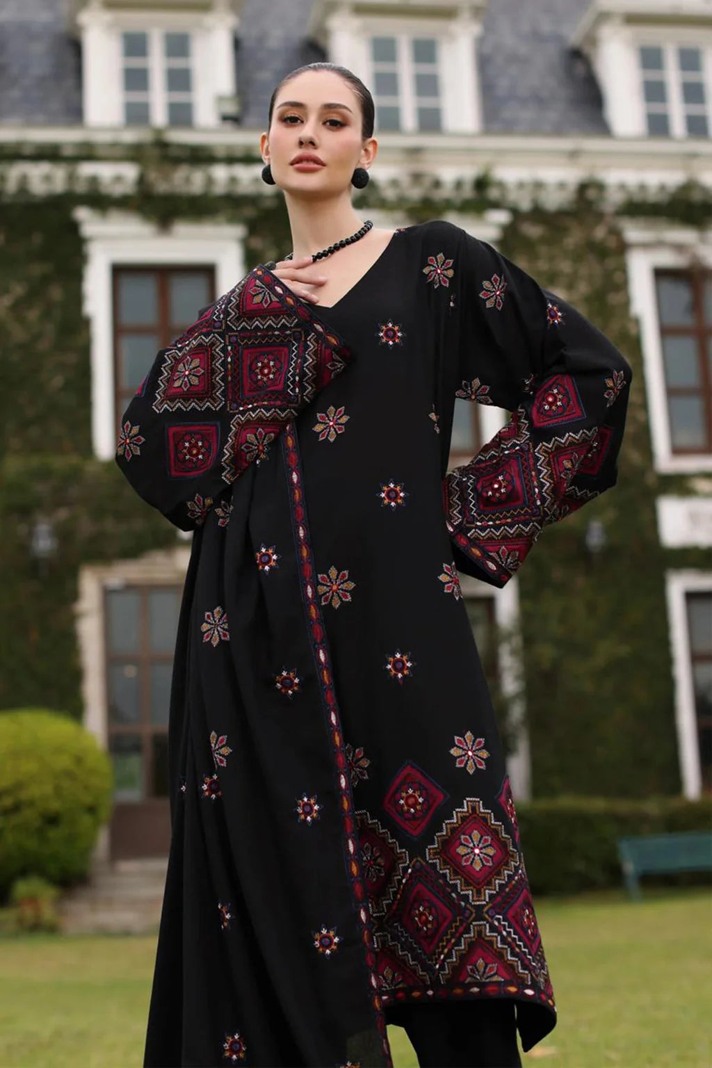 BAREEZE-3PC KARANDI EMBROIDERED SHIRT WITH KARANDI EMBROIDERED SHAWL AND TROUSER-UR-4442