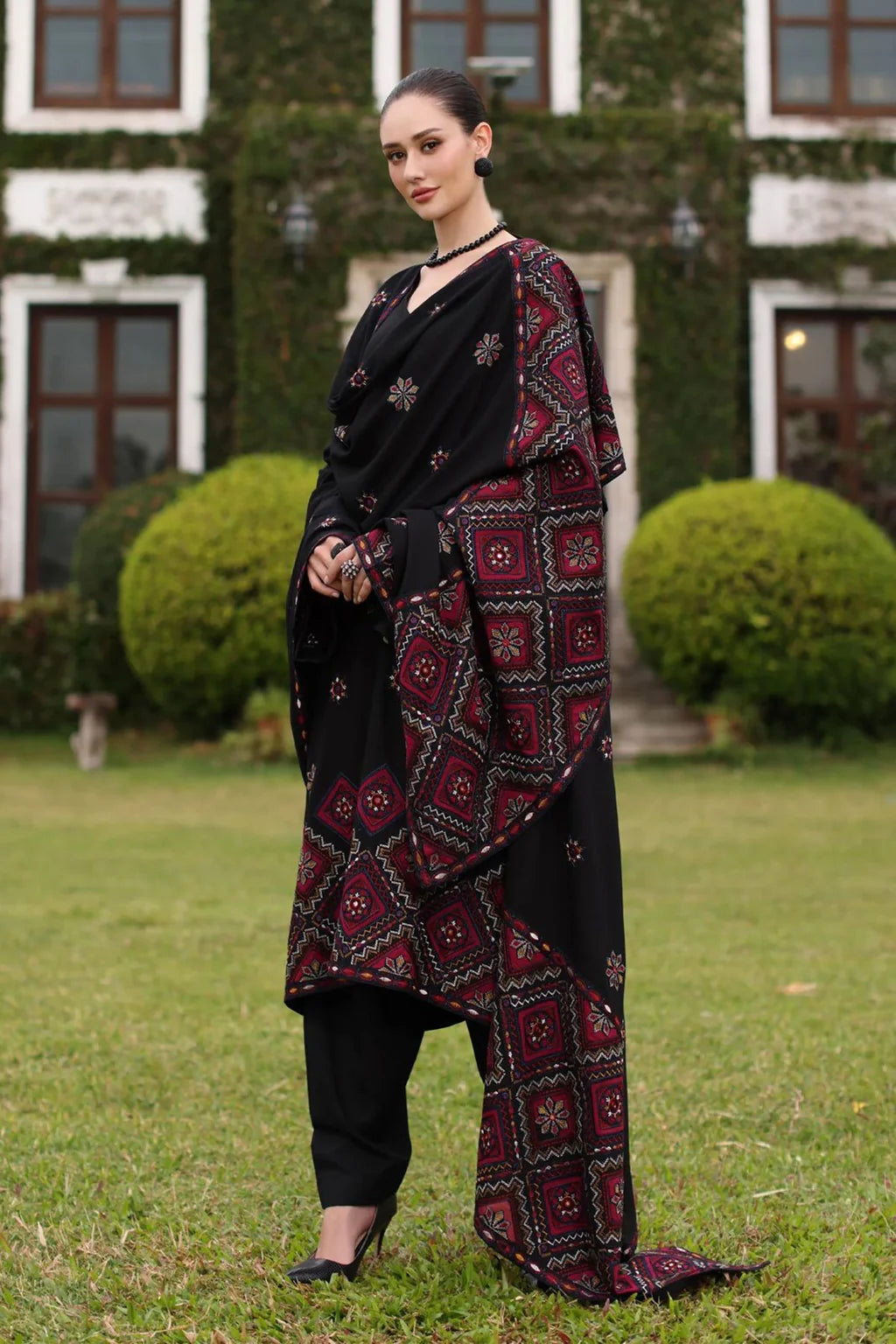 BAREEZE-3PC KARANDI EMBROIDERED SHIRT WITH KARANDI EMBROIDERED SHAWL AND TROUSER-UR-4442