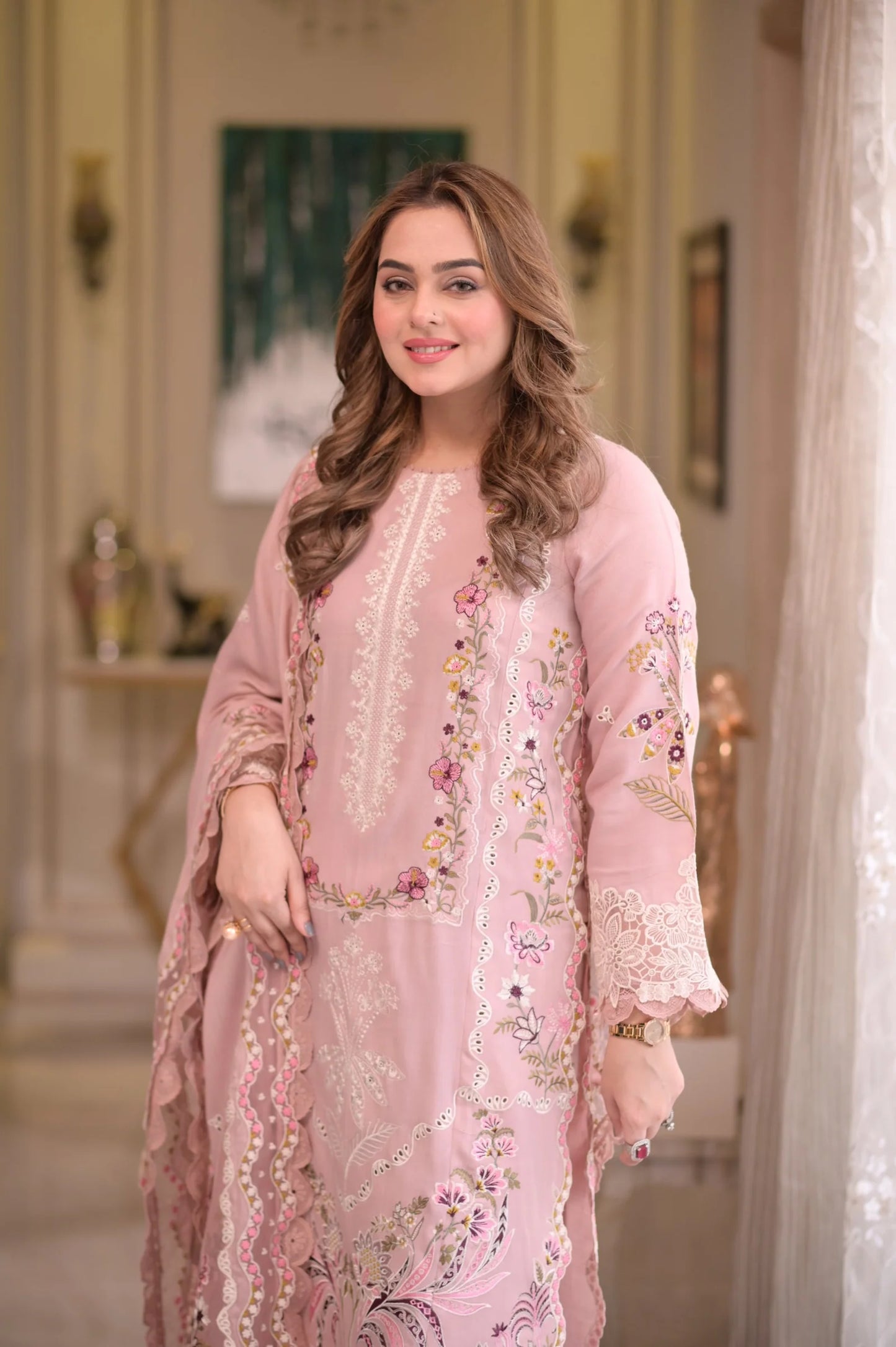 ANEELAS-3PC LAWN CHIKAN EMBROIDERED SHIRT WITH LAWN EMB DUPATTA AND TROUSER-UR-3631