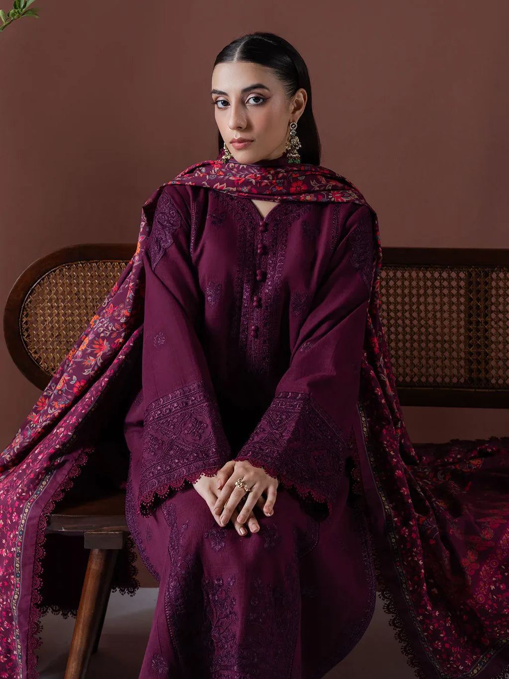 ASIM JOFA-3PC DHANAK EMBROIDERED SHIRT WITH COURTRAI PRINTED SHAWL & TOUSER-UR-4089