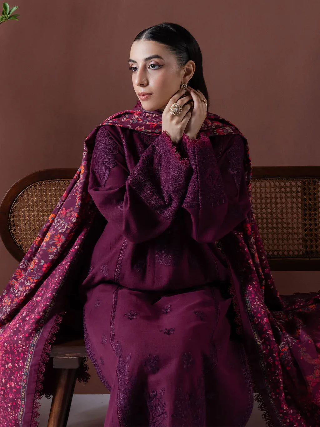 ASIM JOFA-3PC DHANAK EMBROIDERED SHIRT WITH COURTRAI PRINTED SHAWL & TOUSER-UR-4089