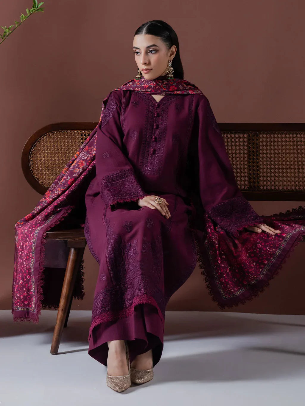 ASIM JOFA-3PC DHANAK EMBROIDERED SHIRT WITH COURTRAI PRINTED SHAWL & TOUSER-UR-4089