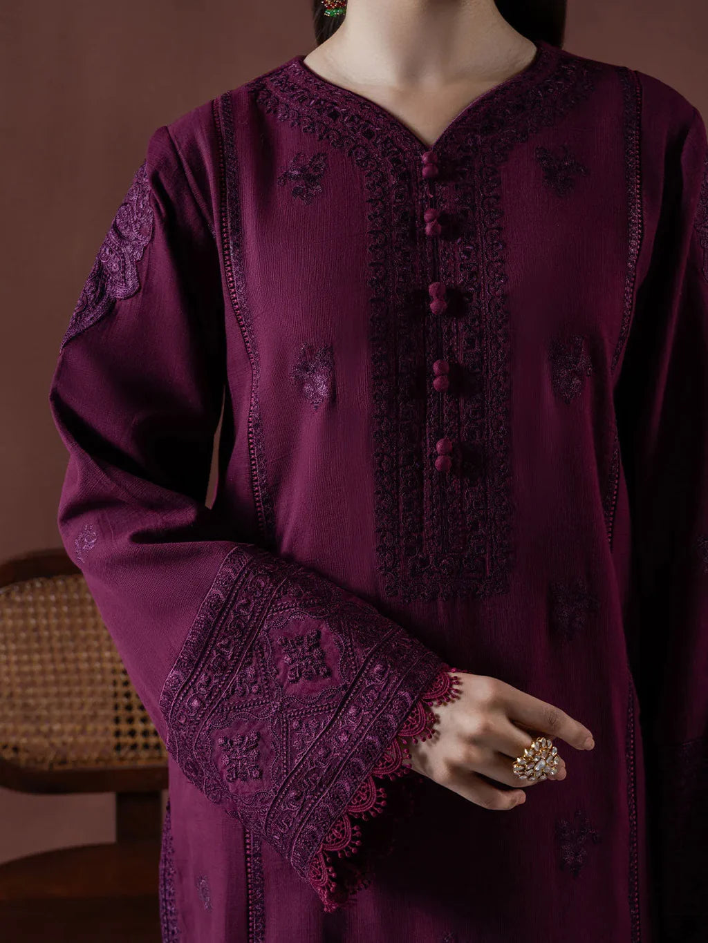 ASIM JOFA-3PC DHANAK EMBROIDERED SHIRT WITH COURTRAI PRINTED SHAWL & TOUSER-UR-4089