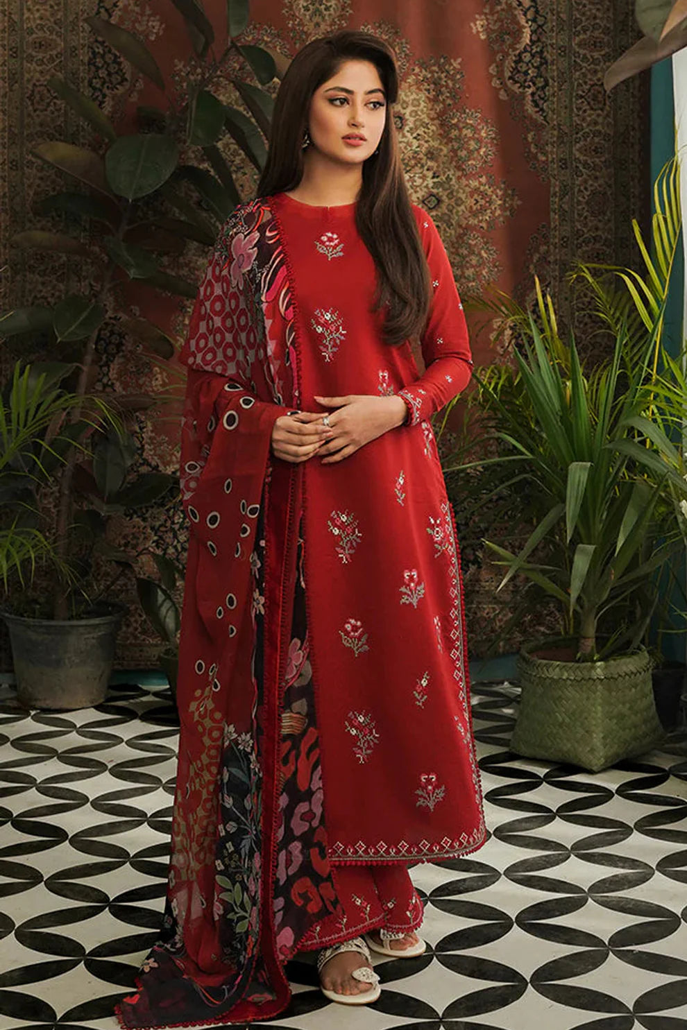 SERAN-3PC LAWN EMBROIDERED SHIRT WITH MONARK PRINT DUPATTA & EMB TROUSER-UR-2584
